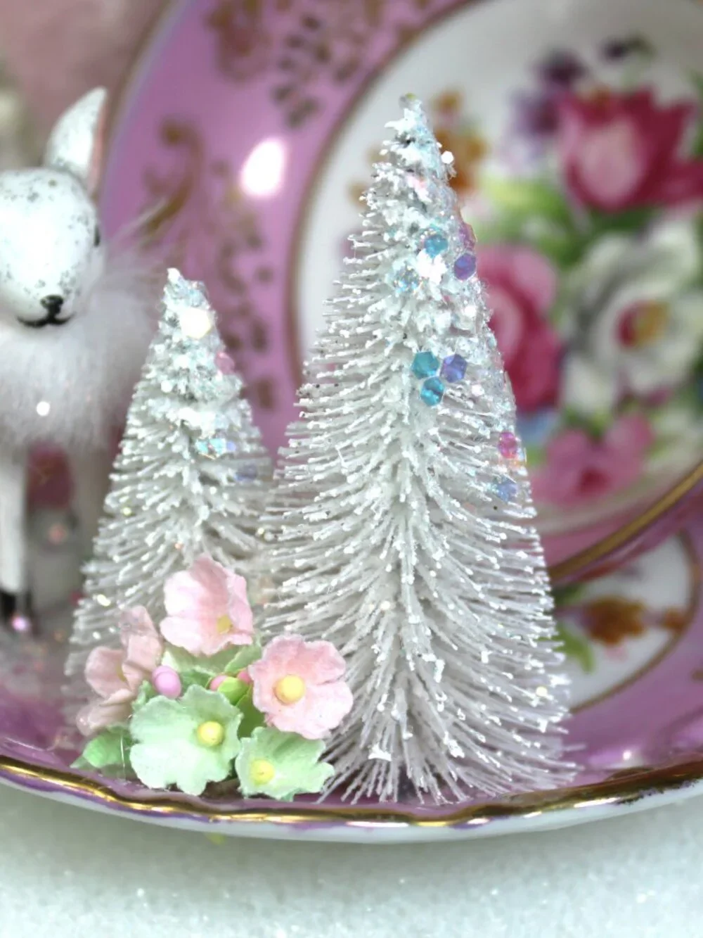 Vintage Christmas Deer, Bottle Brush Trees, Pinkmas, Royal Sealy Teacup, Shabby